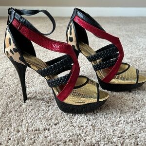 Anne Michelle Red and Black Heels with Intricate Straps
